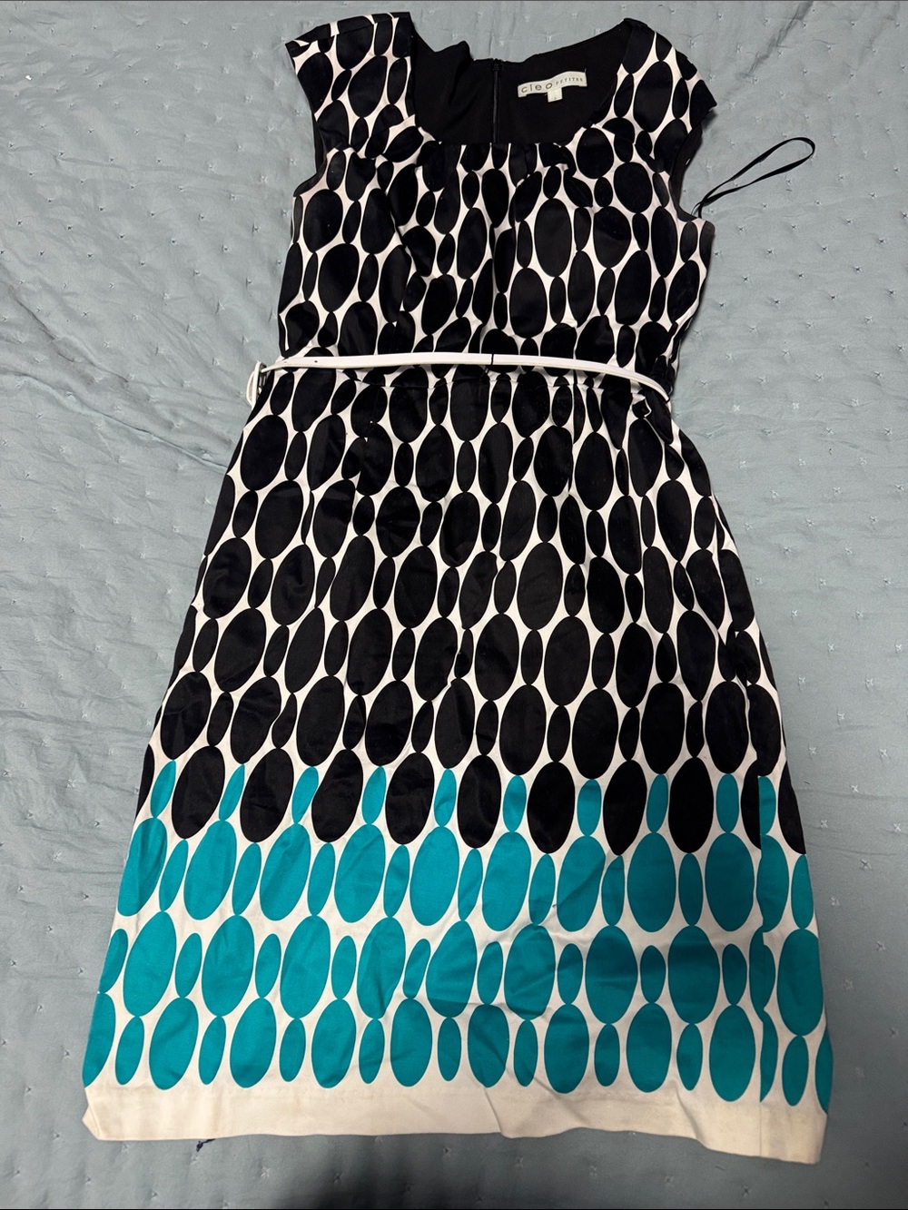 cleo Black, White & Teal Oval-Print Cap-Sleeve Dress